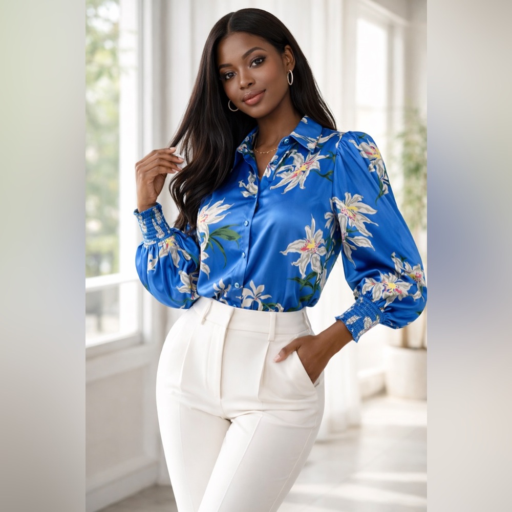 Calligraphie Blue Floral Satin Blouse L Silk Feel Button Front Puff Sleeve